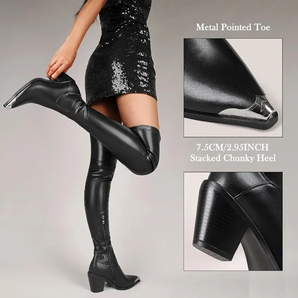 Women Black Synthetic Thigh High Slim Calf Block Chunky Heel Pointed Toe Boots